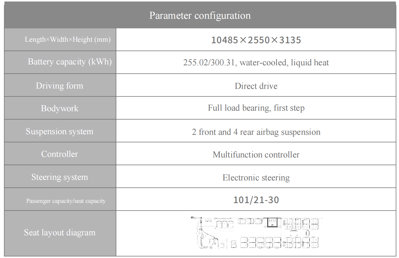 10.5m electric city bus – x10 300kwh | full low floor & air suspension