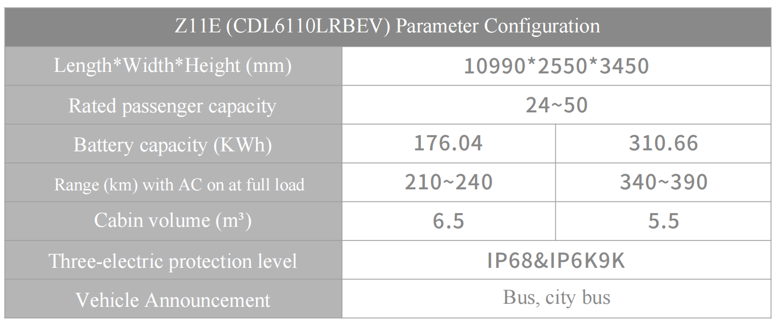 long range electric city bus – z11e 390km range, 50 passenger transit tour bus