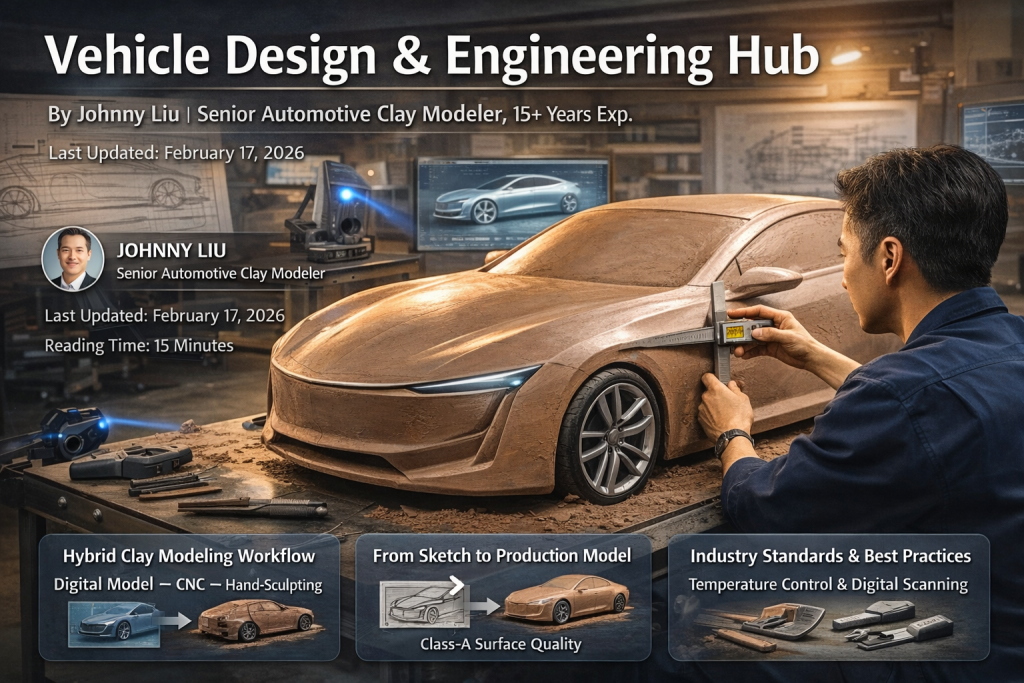Automotive clay modeler shaping a full-scale car clay model in studio with digital design screens and soft lighting.