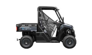 CFMOTO U6 EV Metallic Grey Electric UTV with Zero Emissions, 72V Battery, 30mph Top Speed, Dual Disc Brakes, Aluminum Rims, and 300kg Cargo Capacity on Forest Trail