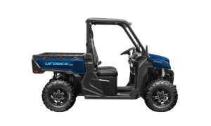 CFMOTO UFORCE 1000 Twilight Blue UTV with Real-Time 4x4 Drive, 300mm Ground Clearance, Dual Disc Brakes, Aluminum Rims, and 250kg Cargo Capacity on Forest Trail