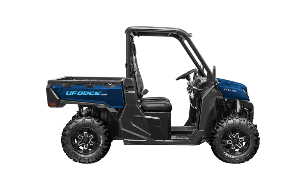 CFMOTO UFORCE 1000 Twilight Blue UTV with Real-Time 4x4 Drive, 300mm Ground Clearance, Dual Disc Brakes, Aluminum Rims, and 250kg Cargo Capacity on Forest Trail