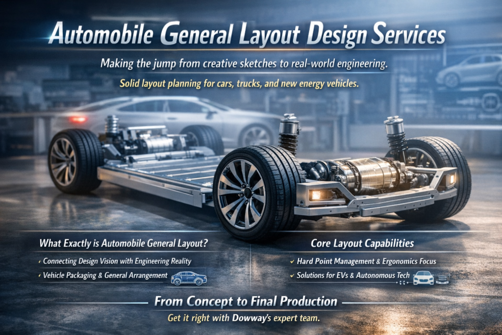 Hyper-realistic professional photography of an electric vehicle skateboard chassis platform in a modern automotive engineering studio, featuring soft lighting and detailed visibility of the battery pack, motor system, suspension, and structural frame. Promotional hero image for Automobile General Layout Design Services, highlighting vehicle packaging, hard point management, EV platform layout, and automotive engineering architecture solutions. 1200x900 banner image.