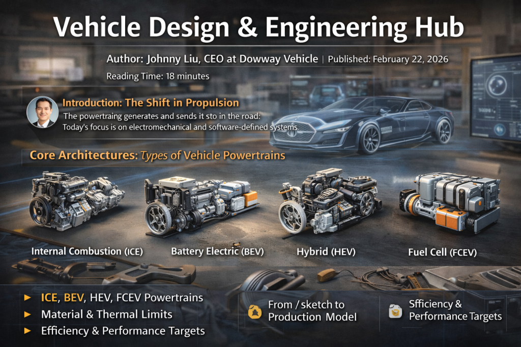 Automotive engineer analyzing ICE and EV powertrain systems in a modern lab with soft lighting and exposed drivetrain components.