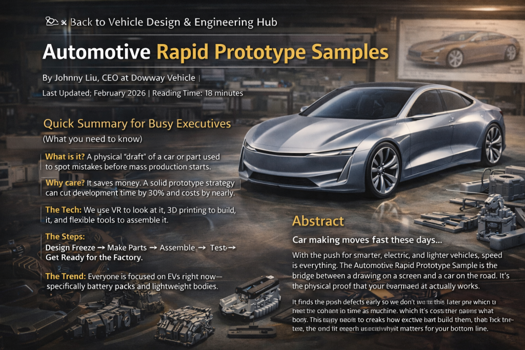 Automotive rapid prototype sample in engineering studio with EV model, 3D printed parts, and digital design tools under soft lighting.