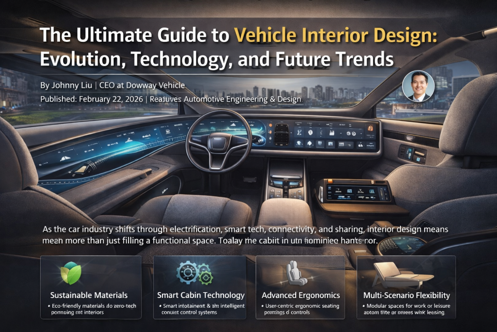 Futuristic vehicle interior with panoramic digital display, smart cockpit interface, and ergonomic seating under soft lighting.