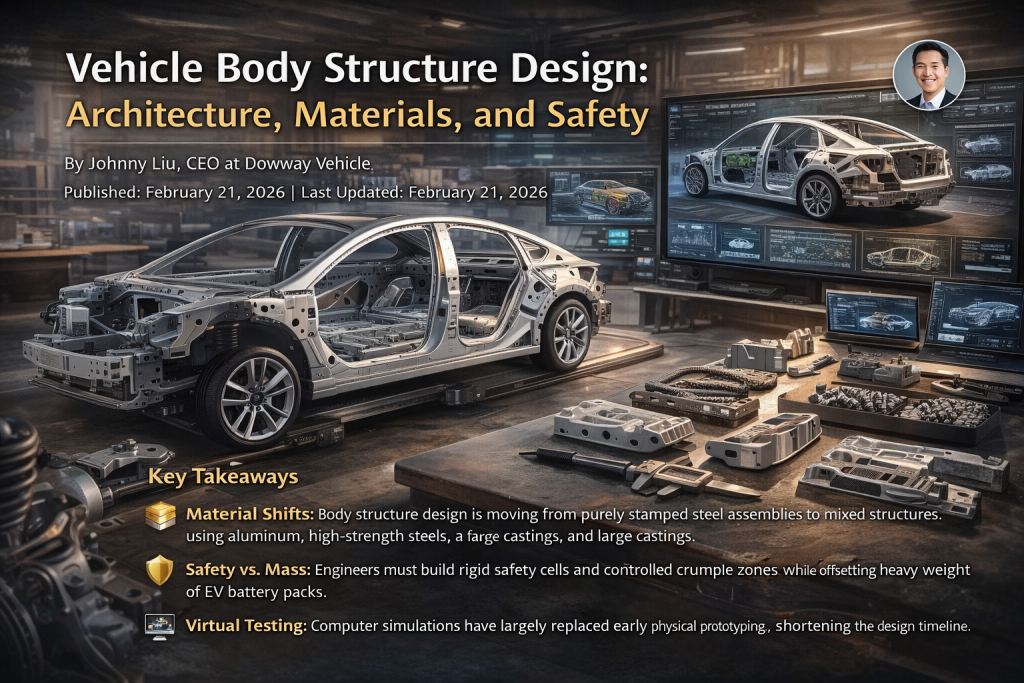 Automotive Body-in-White structure in engineering lab with CAE crash simulations and mixed-material components under soft lighting.