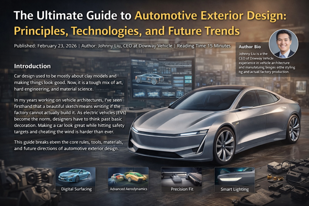 Modern electric vehicle exterior design in studio with aerodynamic body, digital surfacing screens, and soft lighting.