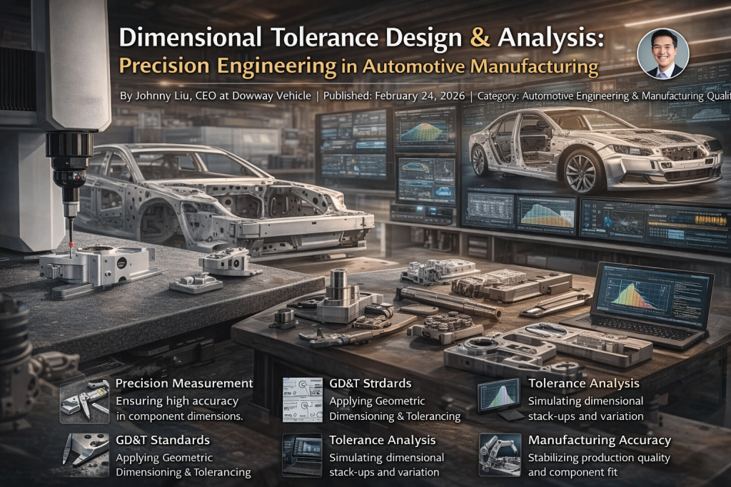 CMM measuring automotive body components in engineering lab with CAD tolerance analysis and GD&T data on screens.