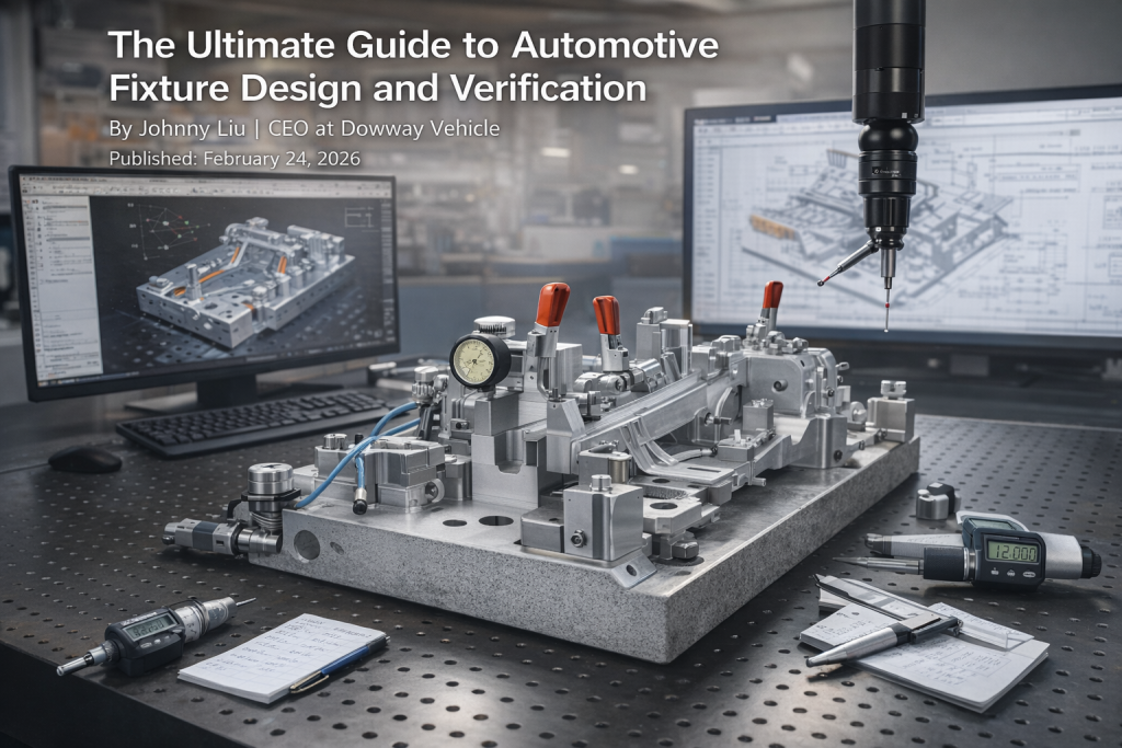 Automotive welding and machining fixture in precision manufacturing lab with CAD verification and soft studio lighting.