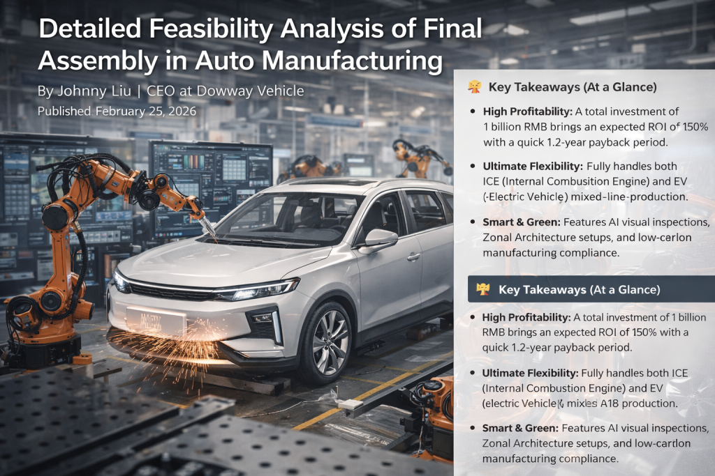 Automotive final assembly line with EV and ICE vehicles, robotic systems, EMS conveyor, and AI quality inspection.
