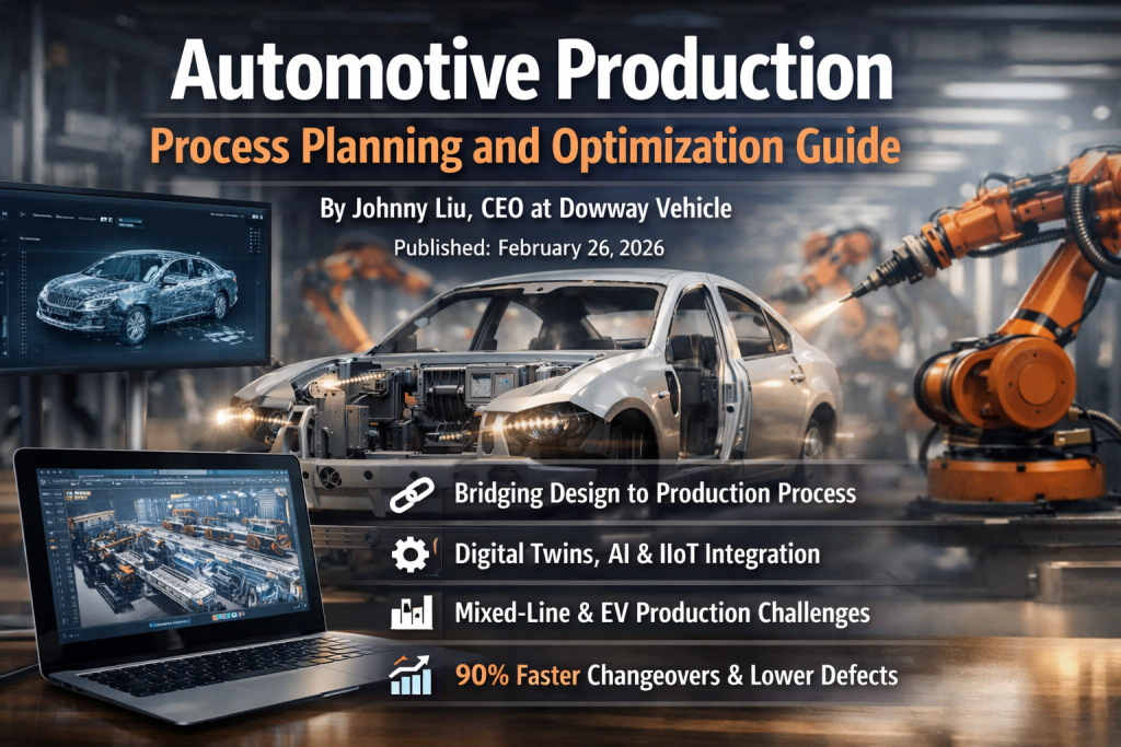 Automotive production line with robotic arms assembling a vehicle, digital twin simulation screens, and AI-driven manufacturing optimization concept