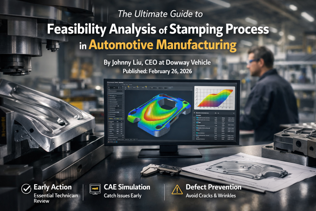 Automotive stamping press with metal body panel and CAE simulation screen showing forming analysis in a modern manufacturing facility.