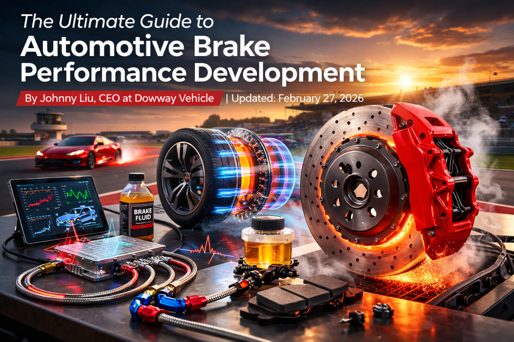 Ultra-realistic professional automotive brake system testing in engineering lab with glowing brake disc under soft lighting, showcasing advanced brake performance development for modern vehicles