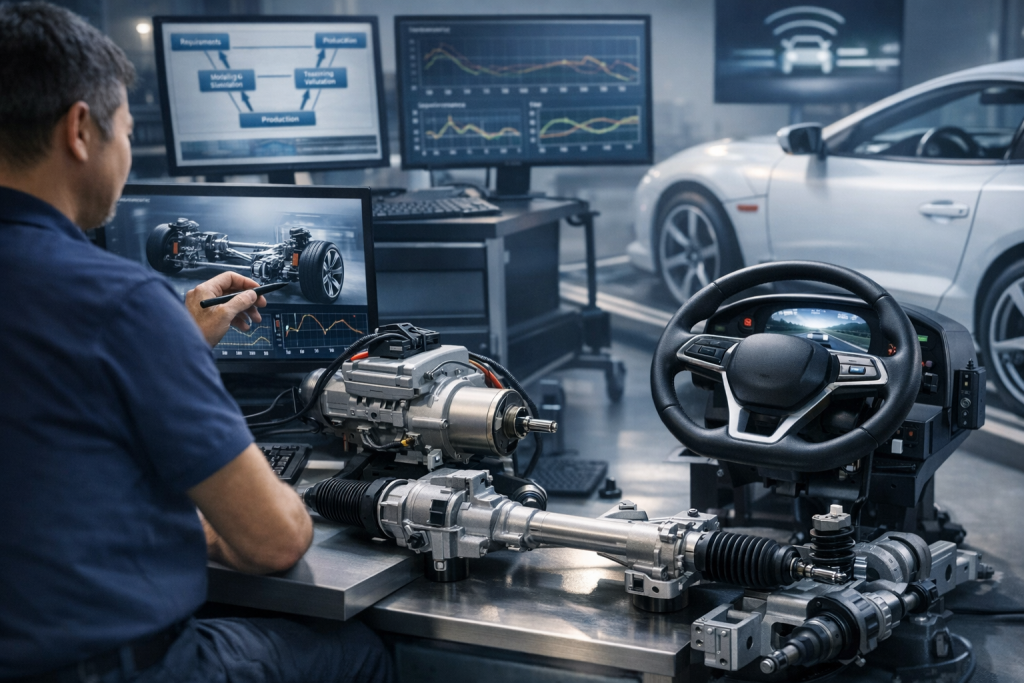 Automotive engineer testing electric power steering and steer-by-wire system in advanced vehicle dynamics laboratory