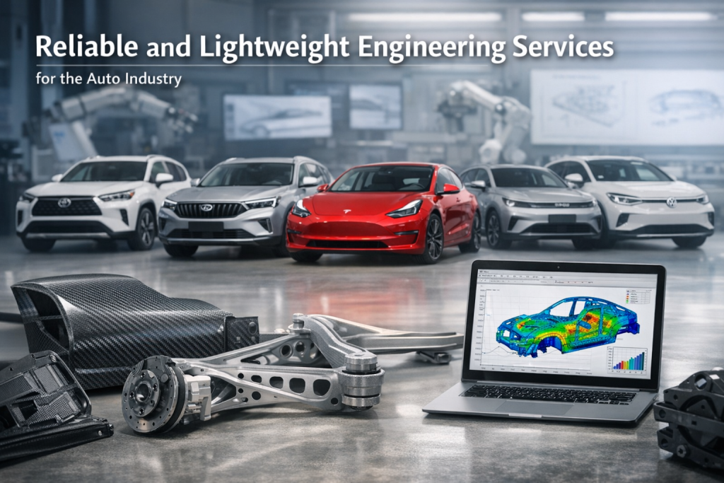 Reliable and lightweight automotive engineering components with carbon fiber parts, aluminum suspension system, and FEA vehicle simulation in advanced workshop.