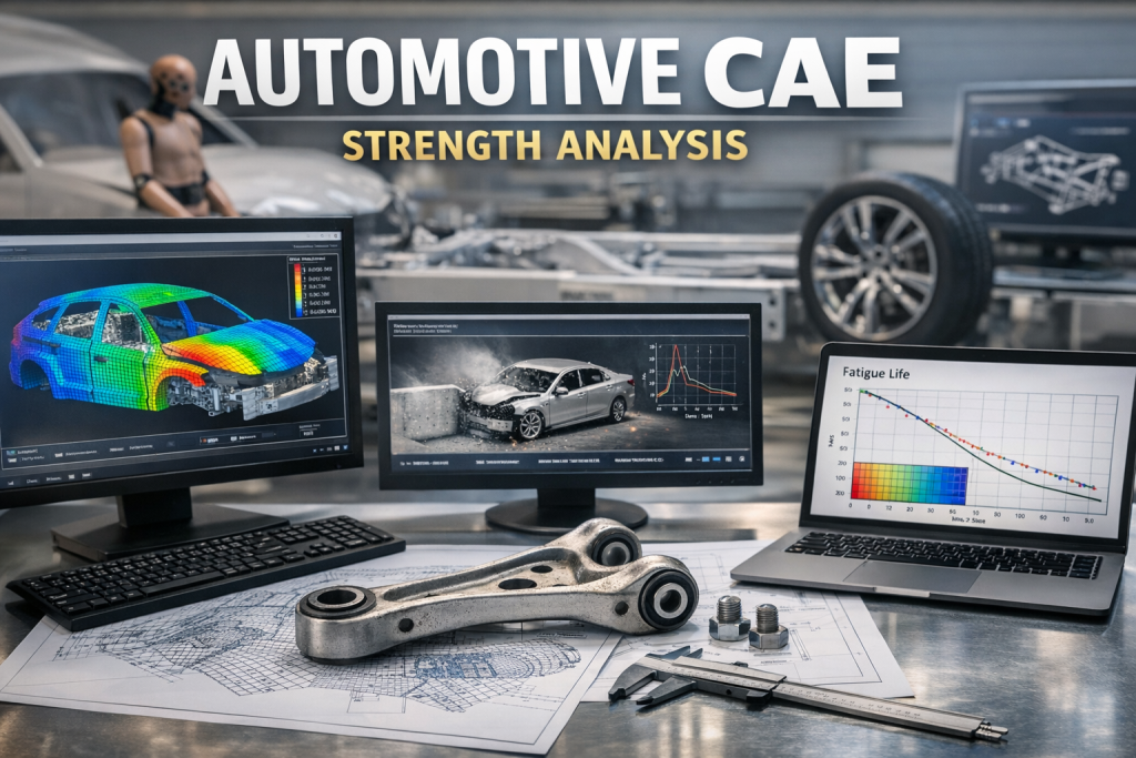 Ultra-realistic professional photo of an automotive CAE engineer analyzing vehicle structural strength simulation on a large digital screen with FEM stress contour visualization in a modern engineering office.