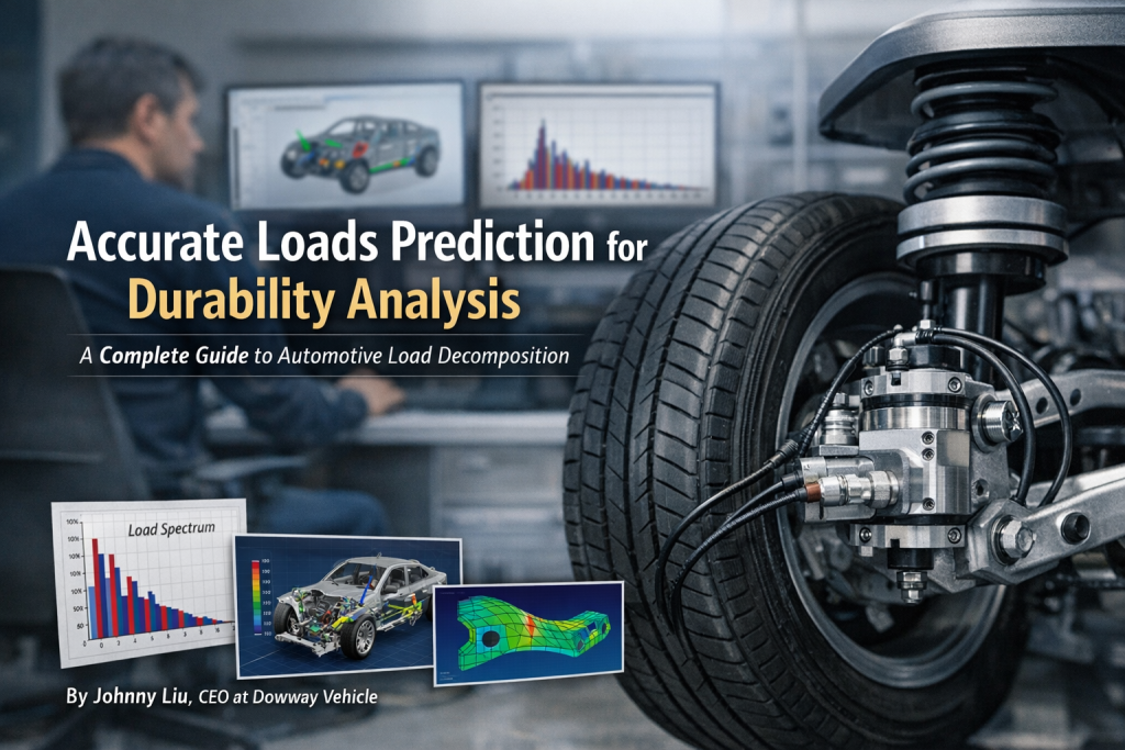 Accurate loads prediction setup showing a 6-axis wheel force sensor on a vehicle suspension system, with an engineer analyzing multibody dynamics simulation and load spectrum data for durability analysis.