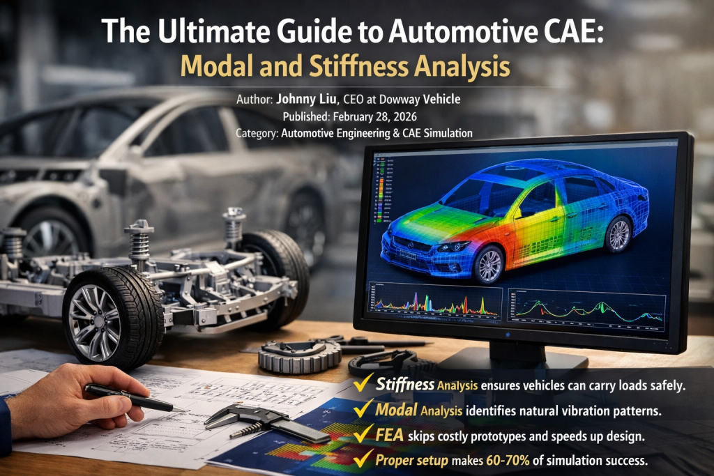 Automotive CAE modal and stiffness analysis simulation showing vehicle chassis FEA model and structural vibration results on engineering workstation.