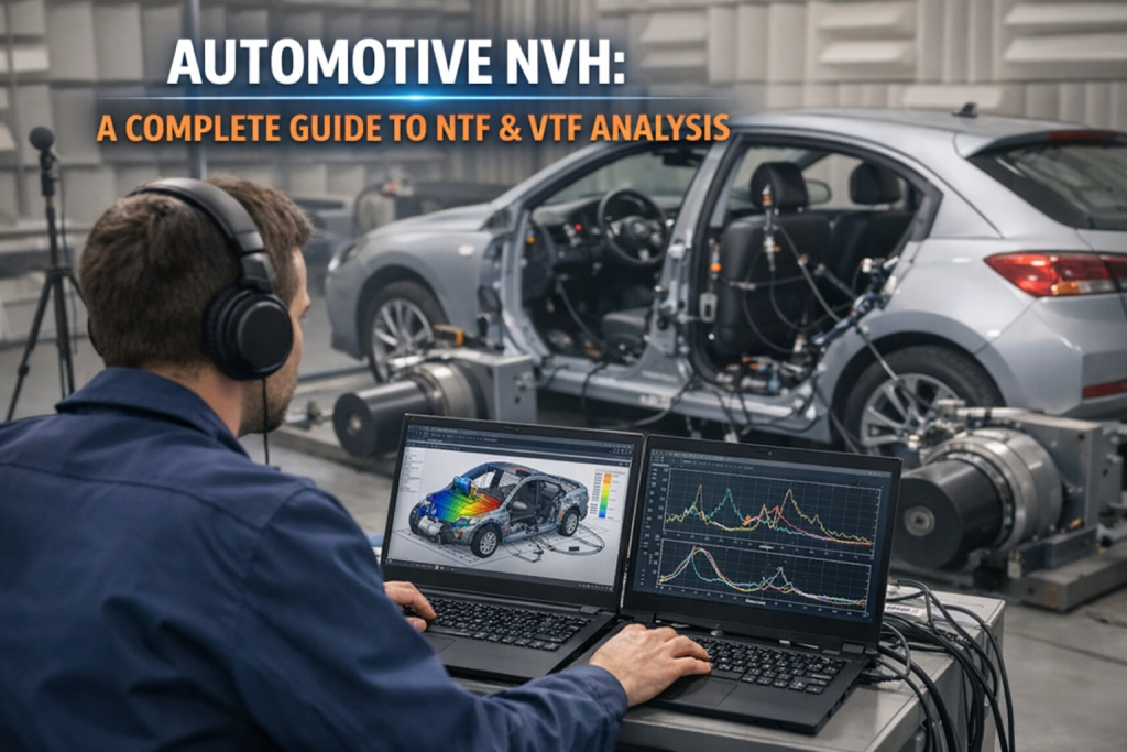 Automotive NVH testing engineer analyzing NTF and VTF vibration data in a semi-anechoic chamber with instrumented vehicle