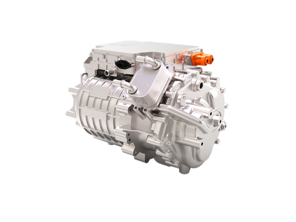 EP150 three-in-one electric drive system showing internal layout of motor, inverter, and reducer; compact design with cooling fins and orange connectors