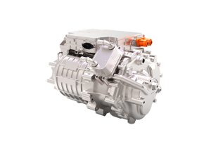 EP150 three-in-one electric drive system showing internal layout of motor, inverter, and reducer; compact design with cooling fins and orange connectors
