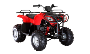 Loncin LX150ATV-3A 150cc Beach ATV with GY6 Engine, CVT Automatic Transmission, Front Drum & Rear Disc Brakes, Chain Drive, and Storage Racks on Sandy Terrain"