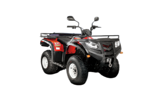 Loncin LX250ATV-F 229cc Off-Road Vehicle with Manual 5-Speed Transmission, Front Dual Disc Brakes, Shaft Drive, and Rugged Terrain Tires on Dirt Trail"