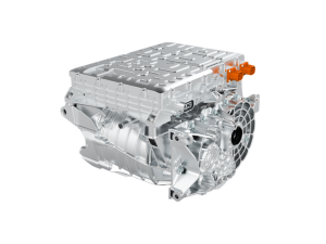 EX100 six-in-one electric drive system showing internal layout of motor, inverter, reducer, OBC, DCDC, and PDU; compact design with cooling fins and orange connectors