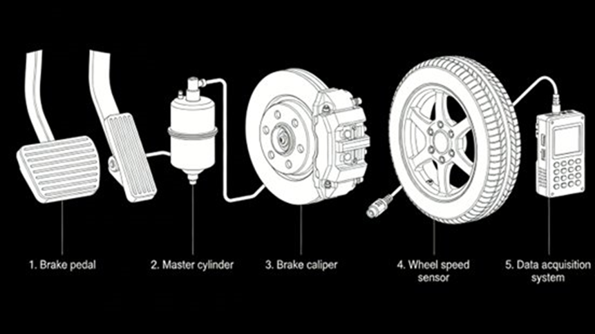 Braking Efficiency Test Schematic (1. Brake pedal 2. Master cylinder 3. Brake caliper 4. Wheel speed sensor 5. Data acquisition system)