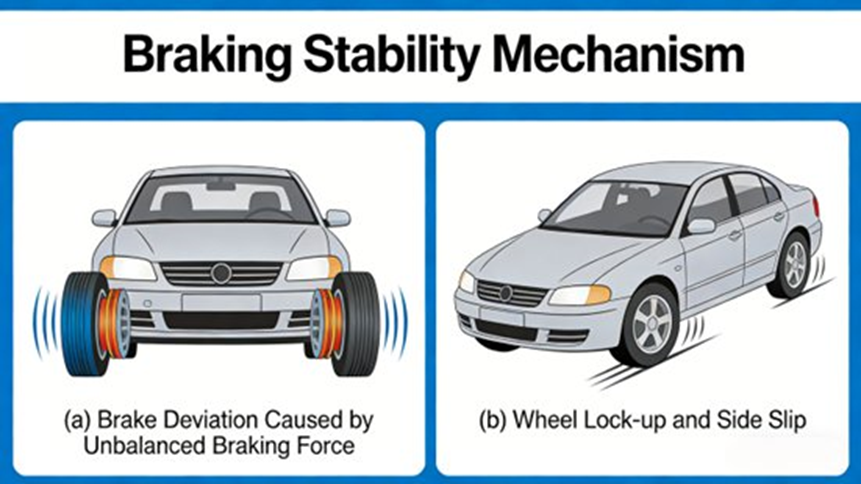 Braking Stability Mechanism (a) Brake deviation caused by unbalanced braking force (b) Wheel lock-up and side slip