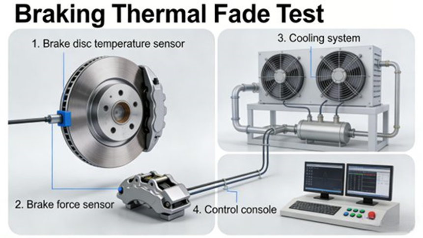 Braking Thermal Fade Test (1. Brake disc temperature sensor 2. Brake force sensor 3. Cooling system 4. Control console)