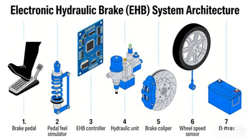 Electronic Hydraulic Brake (EHB) System Architecture (1. Brake pedal 2. Pedal feel simulator 3. EHB controller 4. Hydraulic unit 5. Brake caliper 6. Wheel speed sensor 7. Battery)