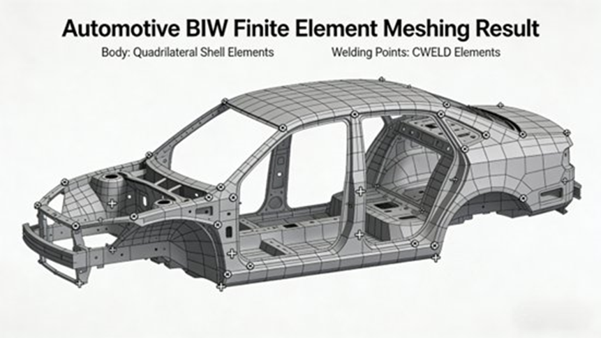 Finite Element Meshing Result of Automotive BIW (Quadrilateral shell elements are used for the body, and CWELD elements are used for welding points)