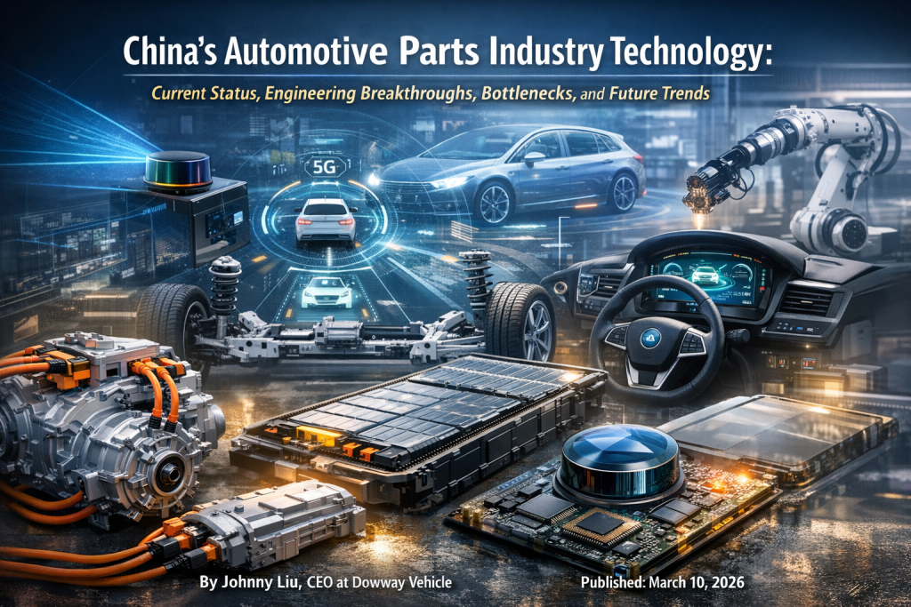China automotive parts technology including EV battery pack, electric drive motor, LiDAR sensor, automotive chips, and intelligent vehicle systems