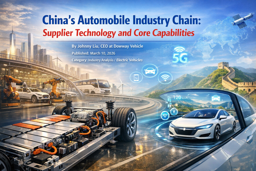 China automobile industry chain showing EV battery platform, smart vehicle technology, and supplier manufacturing ecosystem