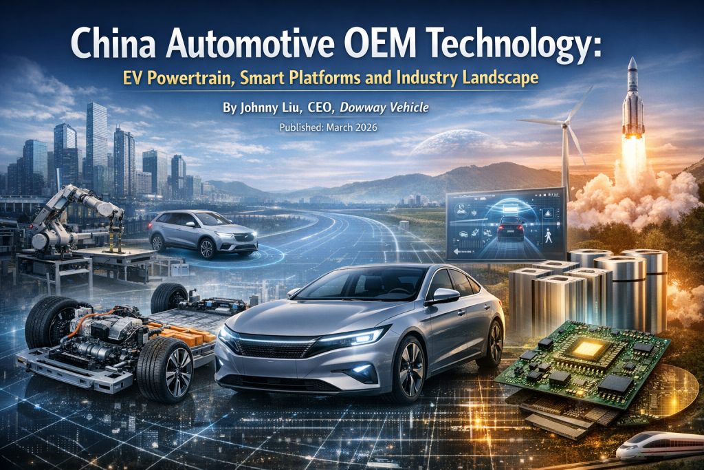 China automotive OEM technology illustration showing EV powertrain platform, battery systems, autonomous driving sensors, and intelligent vehicle architecture.