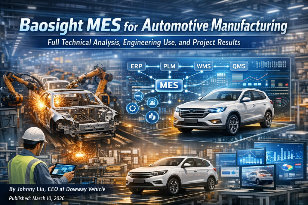 Baosight MES for automotive manufacturing connecting ERP, PLM, WMS, and QMS with an automotive assembly line, welding robots, and digital factory dashboard.