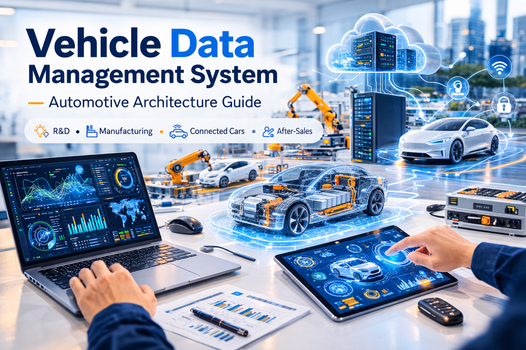 Vehicle data management system architecture concept showing connected car, cloud servers, automotive factory robots, and real-time vehicle analytics dashboard