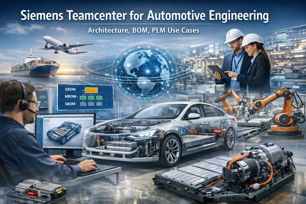Siemens Teamcenter automotive PLM platform showing EV design, EBOM MBOM management, digital thread, and manufacturing collaboration.