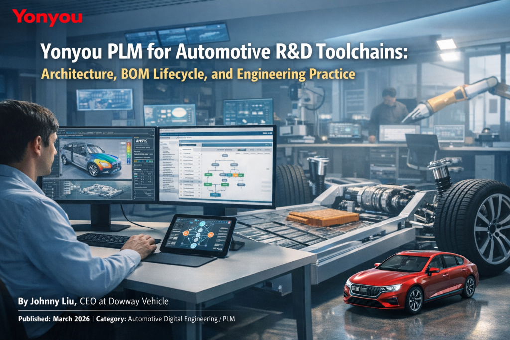 Yonyou PLM automotive R&D platform showing vehicle CAD design, BOM lifecycle management, and engineering collaboration in a digital automotive development environment.