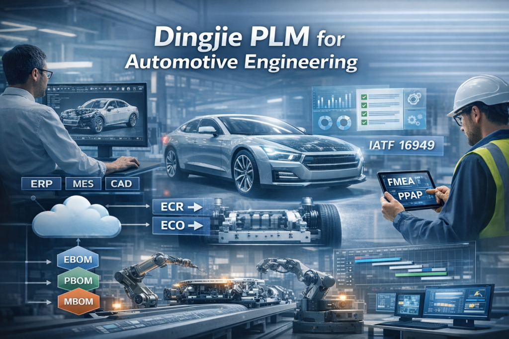 Dingjie PLM for Automotive Engineering platform showing automotive digital engineering workflow including BOM management, ECR ECO change management, CAD collaboration, and smart manufacturing integration.