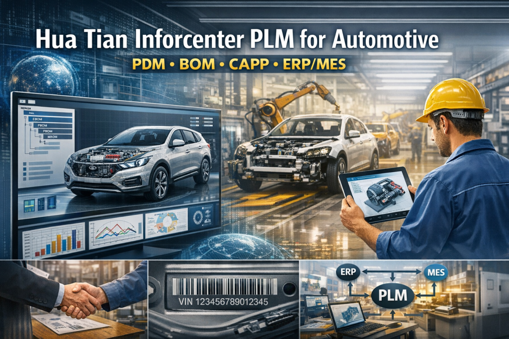 Hua Tian Inforcenter PLM automotive platform showing CAD vehicle model, BOM management, CAPP process planning and ERP MES integration in a smart factory