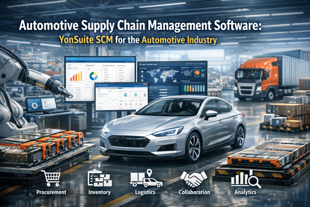 Automotive supply chain management software dashboard with EV battery assembly, smart factory robots, logistics trucks, and analytics screens in a modern automotive manufacturing plant