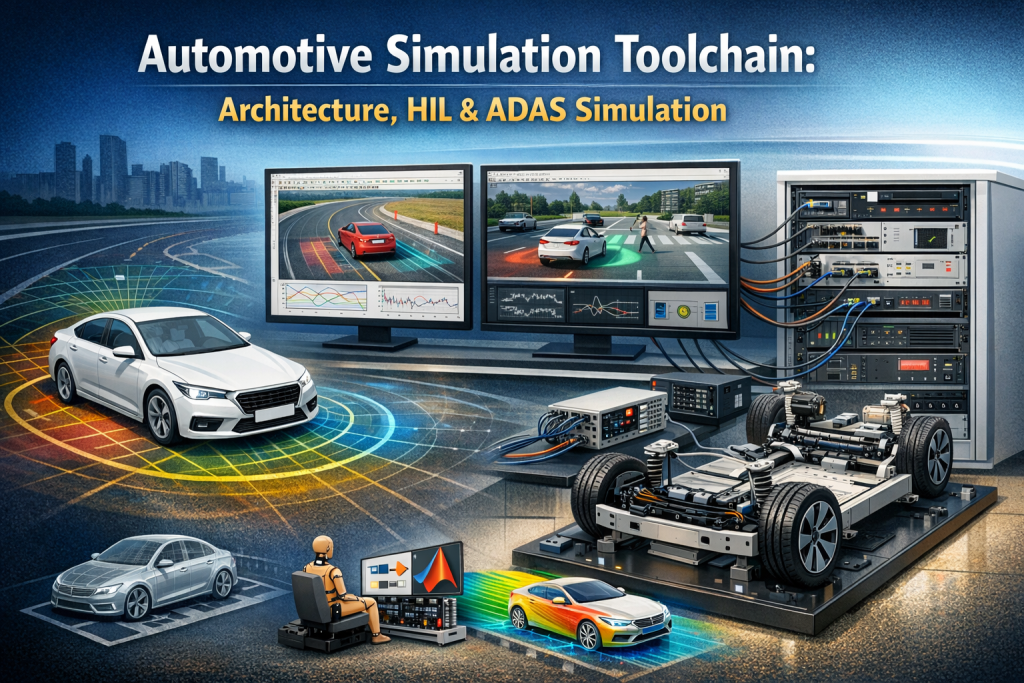 Automotive simulation toolchain visualization showing vehicle dynamics simulation, ADAS scenario testing, and hardware-in-the-loop (HIL) testing systems in an integrated engineering environment.