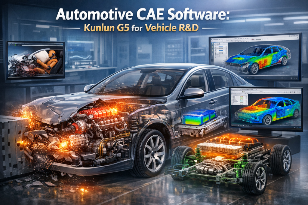 Automotive CAE Software visualization showing Kunlun G5 simulation platform with vehicle crash simulation, powertrain analysis, and thermal management modeling in a digital engineering environment.