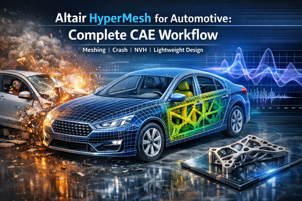 Altair HyperMesh automotive CAE workflow showing vehicle mesh model, crash simulation, NVH analysis, and lightweight structure optimization