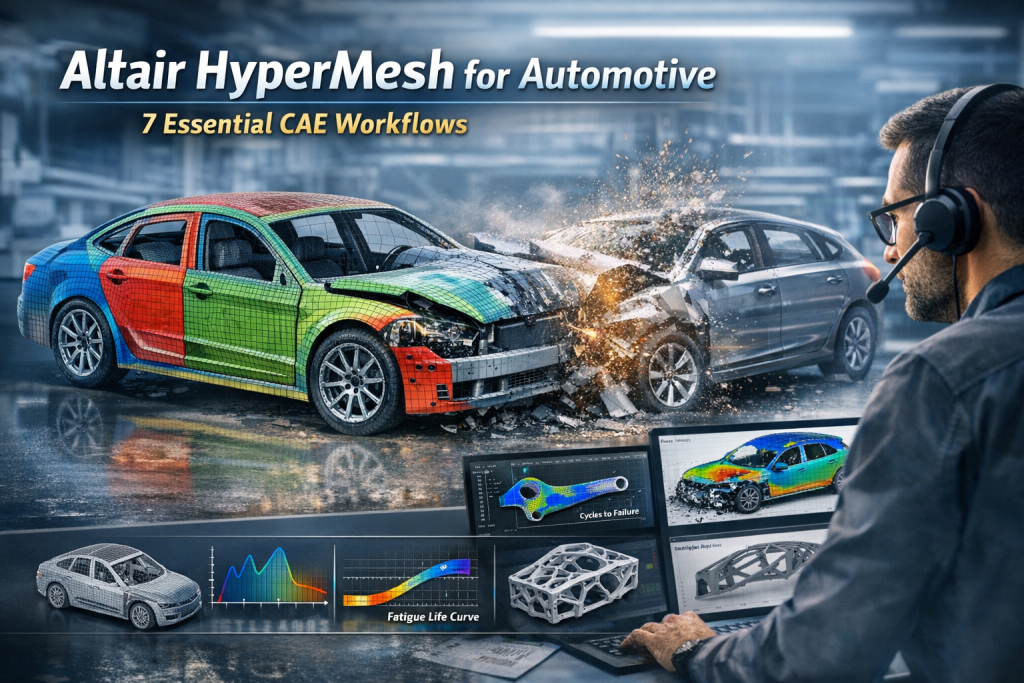 Altair HyperMesh automotive CAE workflow showing vehicle finite element mesh, crash simulation, NVH analysis, and lightweight design modeling