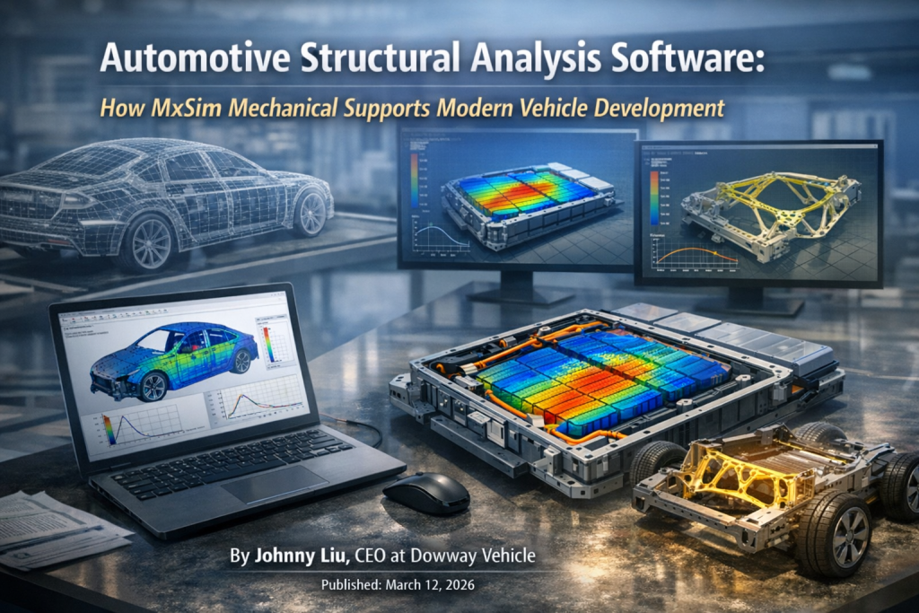 Automotive structural analysis software simulation showing EV battery pack thermal map, BIW structural model, and chassis topology optimization in MxSim Mechanical