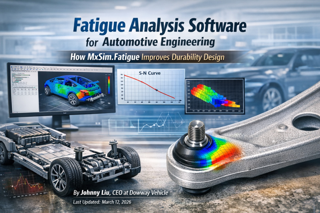 Fatigue analysis software for automotive engineering showing CAE simulation of vehicle chassis, control arm stress distribution, S-N fatigue curve, and EV battery pack durability analysis